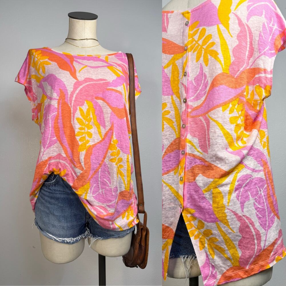 Linen Tropical Print Top Pink Orange Coastal Grandma Resort Large C&C California